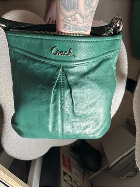 Coach Legacy Leather Crossbody Hobo Bag Green Teal Silver Hardware Zip Top